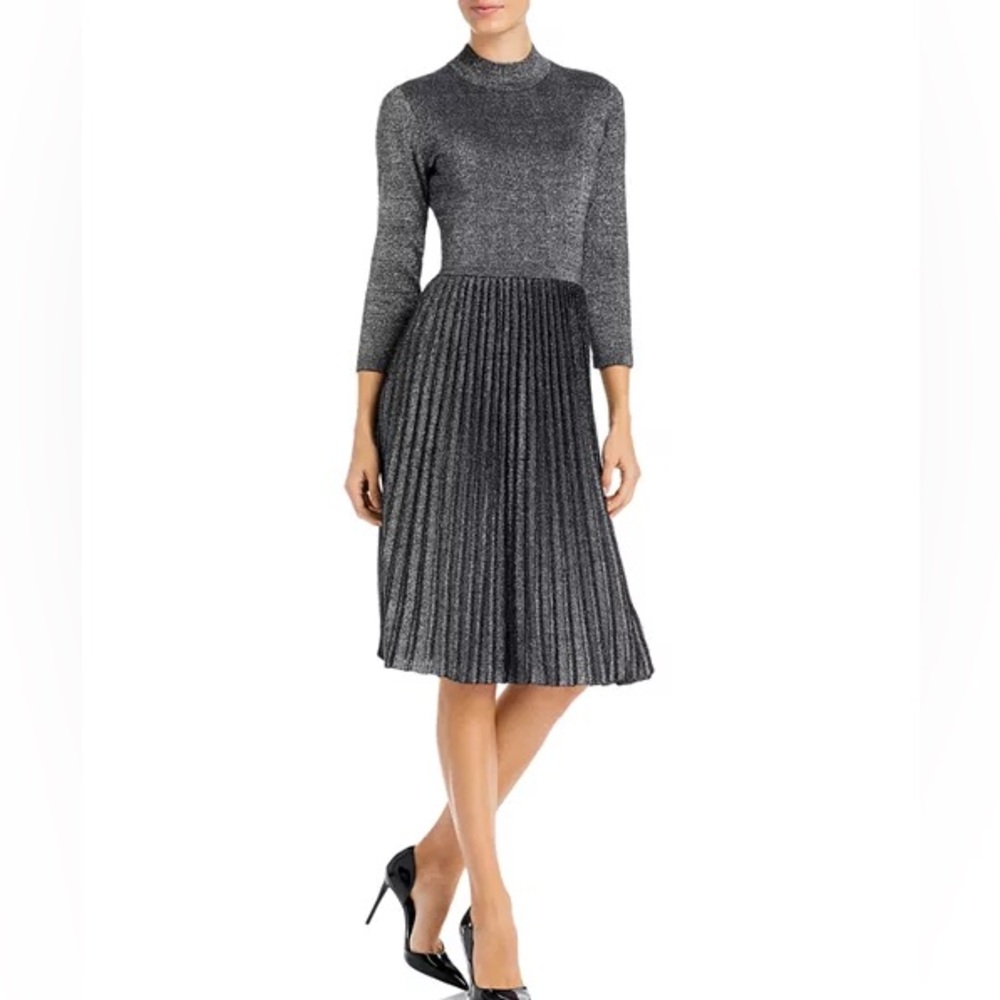 T Tahari Metallic Pleated Fit & Flare Dress